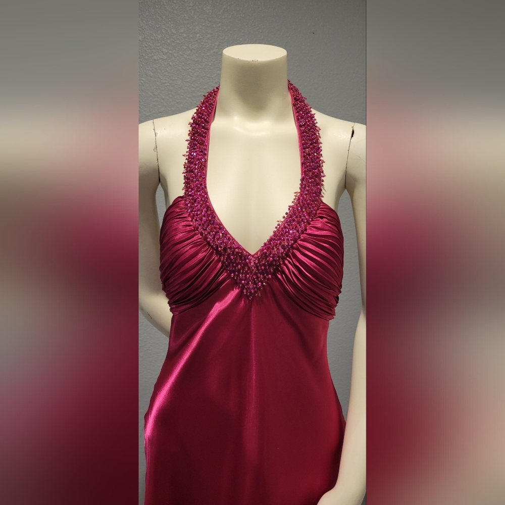 Vintage 90s Morgan And Co Formal Long Dress Barbie Pink Beaded Satin Size 13/14 - Picture 9 of 10